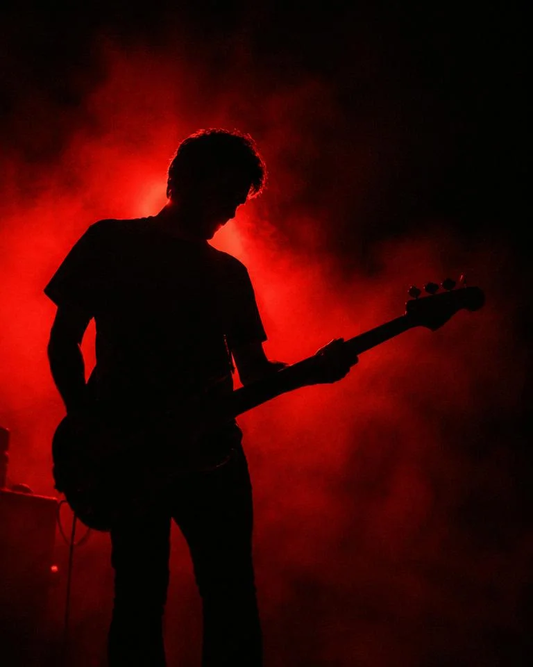 Red-backlit silhouette of a bass player